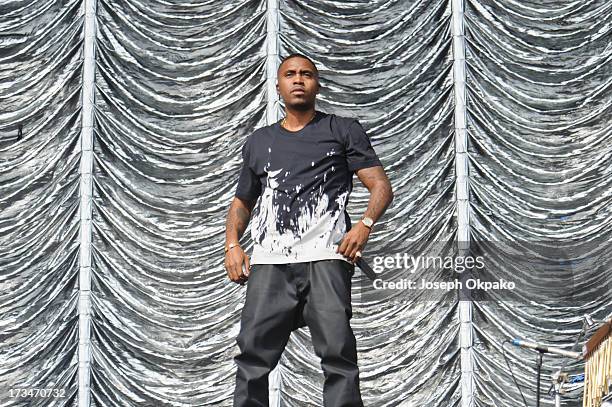 Nas performs on day 3 of the Yahoo! Wireless Festival at Queen Elizabeth Olympic Park on July 14, 2013 in London, England.