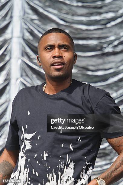 Nas performs on day 3 of the Yahoo! Wireless Festival at Queen Elizabeth Olympic Park on July 14, 2013 in London, England.