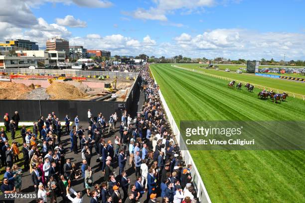 Damian Lane riding Ayrton winning Race 6, the The Big Screen Company Weekend Hussler, during Melbourne Racing at Caulfield Racecourse on October 14,...
