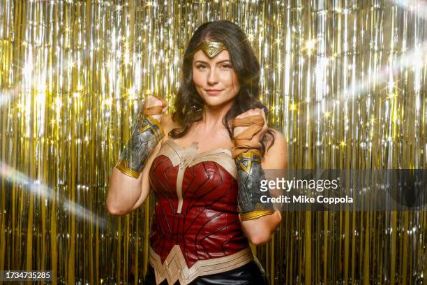 Cosplayer dressed as Wonder Woman poses during New York Comic Con at the Javits Center at Javits Center on October 13, 2023 in New York City.
