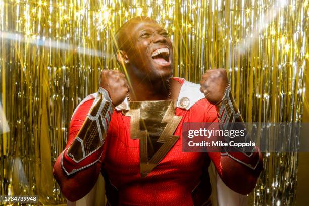 Cosplayer dressed as Shazam poses during New York Comic Con at the Javits Center at Javits Center on October 13, 2023 in New York City.