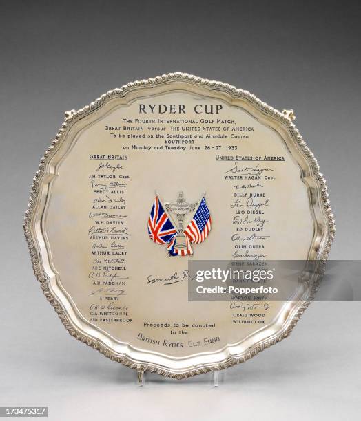 Commemorative silver and enamel salver for the Ryder Cup matches between Great Britain and The United States which took place at the Southport and...