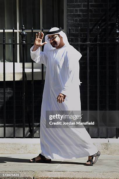 Crown Prince of Abu Dhabi, Mohammed bin Zayed Al Nahyan leaves after meeting with Prime Minister, David Cameron at Downing Street on July 15, 2013 in...