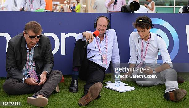 Test Match Special team Phil Tufnell, Jonathan Agnew and Henry Moeran sit pitchside after England's victory during day five of the 1st Investec Ashes...