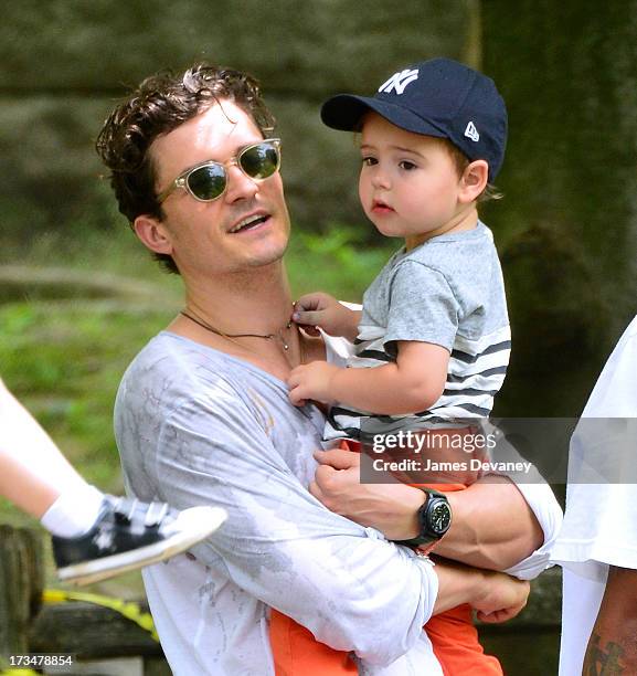 Orlando Bloom and son Flynn Bloom visit Central Park on July 14, 2013 in New York City.