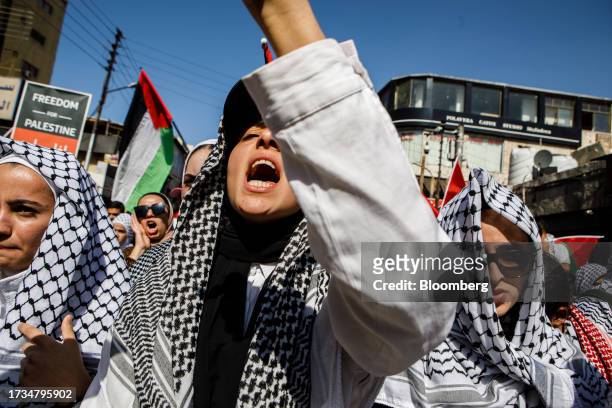 Protesters shout during a pro-Palestinian demonstration in Amman, Jordan, on Friday, Oct. 20, 2023. Hamas called for a "Day of Rage" across the...