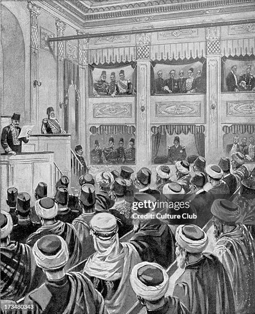 Sultan Abdul Hamid openingTurkish Parliament elected by the people, 10 December 1908. From drawing by H.W.Koekkoek of period.