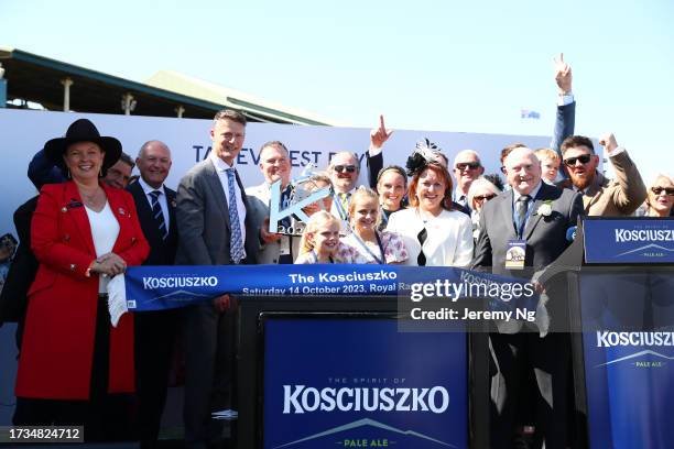 Connections and trainers celebrate after Tyler Schiller riding Front Page wins Race 5 The Kosciuszko during Sydney Racing - TAB Everest Day at Royal...