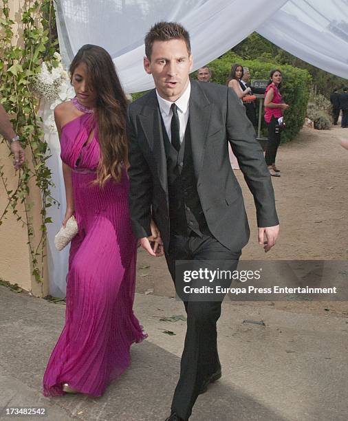 Leo Messi and Antonella Rocuzzo attend the wedding of the Barcelona football player Xavi Hernandez and Nuria Cunillera at Marimurtra Botanical...