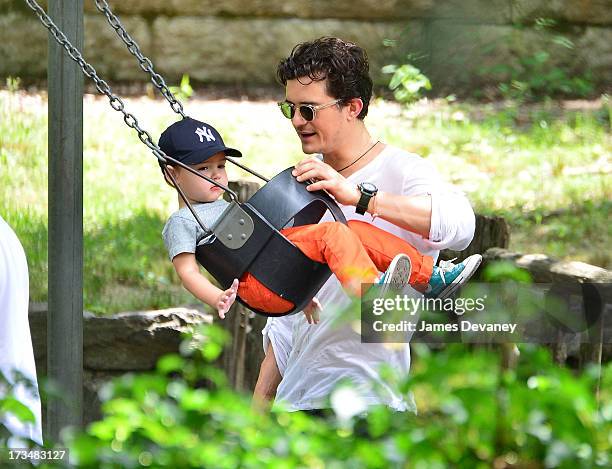 Orlando Bloom and son Flynn Bloom visit Central Park on July 14, 2013 in New York City.