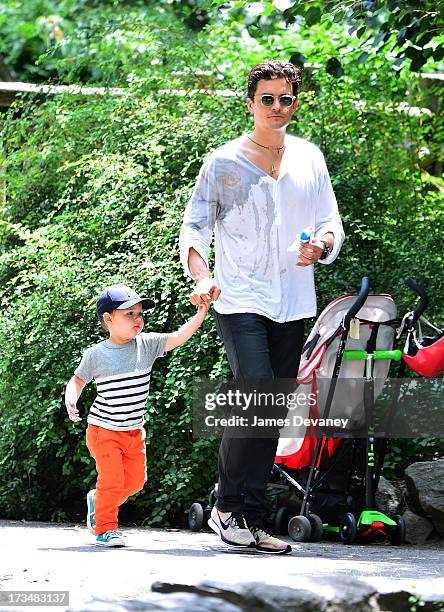 Orlando Bloom and son Flynn Bloom visit Central Park on July 14, 2013 in New York City.