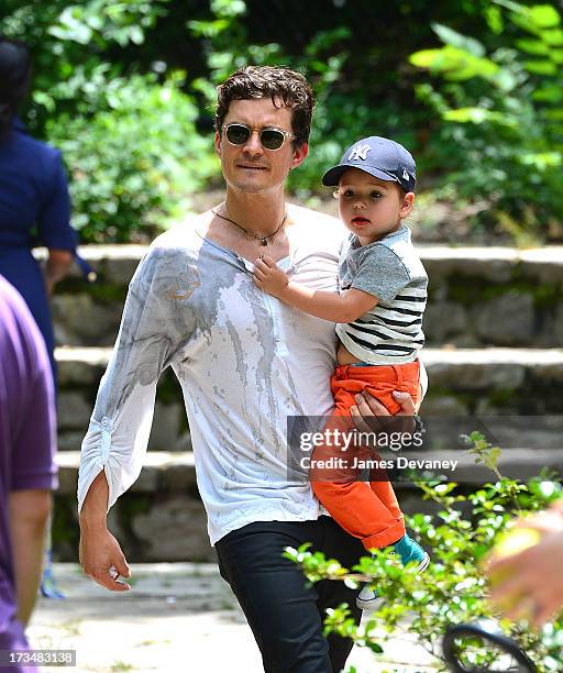 Orlando Bloom and son Flynn Bloom visit Central Park on July 14, 2013 in New York City.