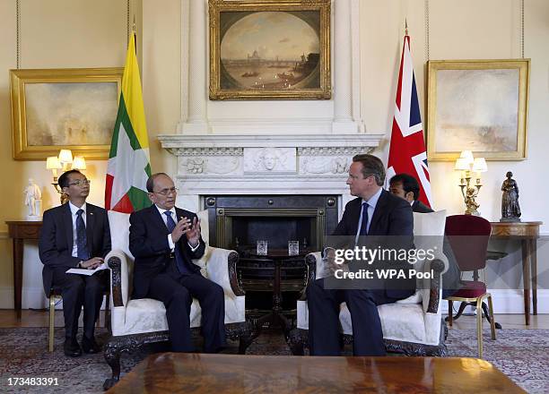 British Prime Minister David Cameron holds a meeting with the President of Burma Thein Sein at Downing Street on July 15, 2013 in London, England....