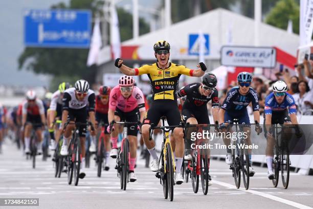 Olav Kooij of The Netherlands and Team Jumbo-Visma celebrates at finish line as stage winner ahead of Rick Pluimers of The Netherlands and Tudor Pro...