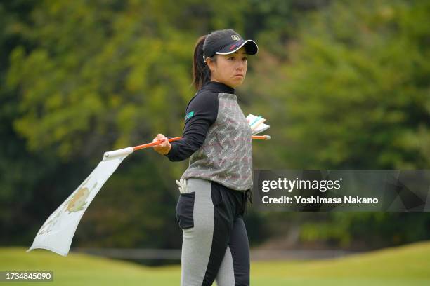 Mika Nakazono of Japan is seen on the 18th green during the second round of Udon-Ken Ladies Golf Tournament at Mannou Hills Country Club on October...