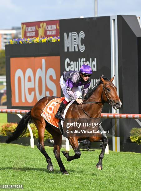 Ben Melham riding Griff winning Race 9, the Neds Caulfield Guineas, during Melbourne Racing at Caulfield Racecourse on October 14, 2023 in Melbourne,...