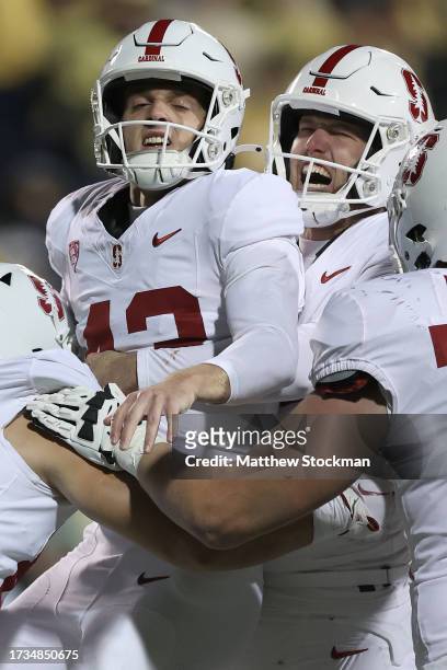 Joshua Karty of the Stanford Cardinal celebrates with Connor Weselman and his teammates after kicking a field goal to defeat the Colorado Buffaloes...