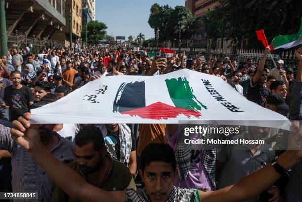 Demonstrator shouts slogans during a protest in support of the Palestinian people, in the Gaza Strip, at Al Azhar mosque, on October 20, 2023 in...