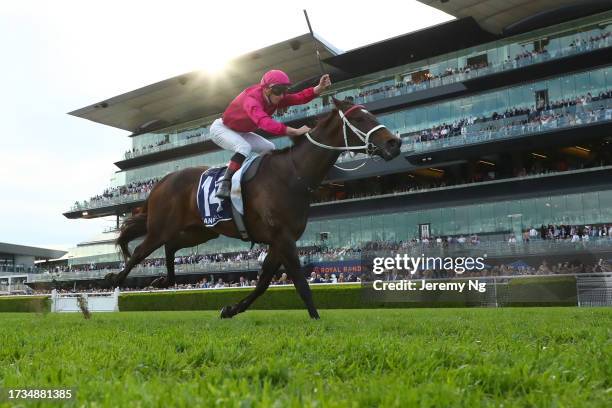 James Mcdonald riding Fangirl wins Race 9 King Charles III Stakes during Sydney Racing - TAB Everest Day at Royal Randwick Racecourse on October 14,...