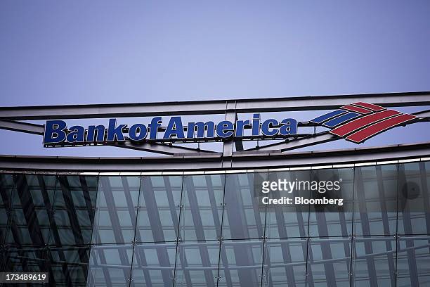 Logo sits on display outside the Bank of America Corp. Offices in the Canary Wharf business and shopping district in London, U.K., on Friday, July...
