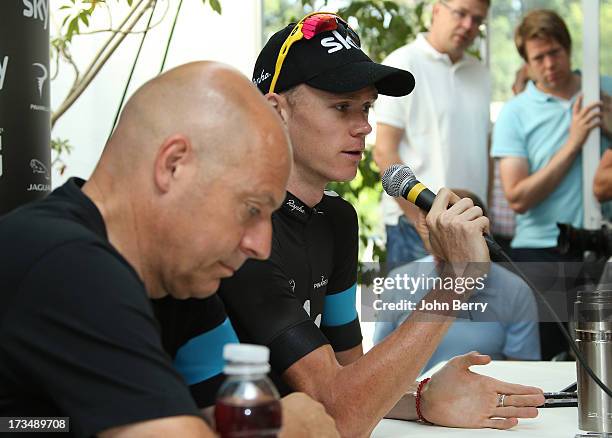 Dave Brailsford, manager of Team Sky Procycling and Christopher Froome of Great Britain and Team Sky Procycling answer questions from journalists...