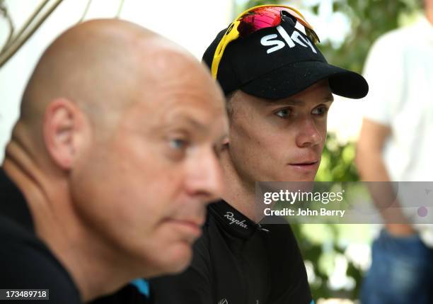 Dave Brailsford, manager of Team Sky Procycling and Christopher Froome of Great Britain and Team Sky Procycling answer questions from journalists...