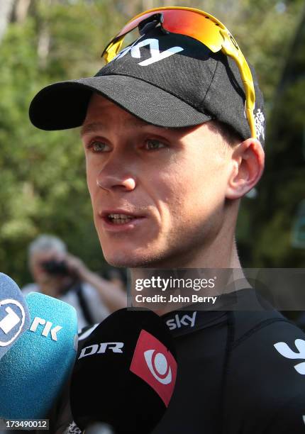 Christopher Froome of Great Britain and Team Sky Procycling answers questions from journalists during the second rest day of the 2013 Tour de France...