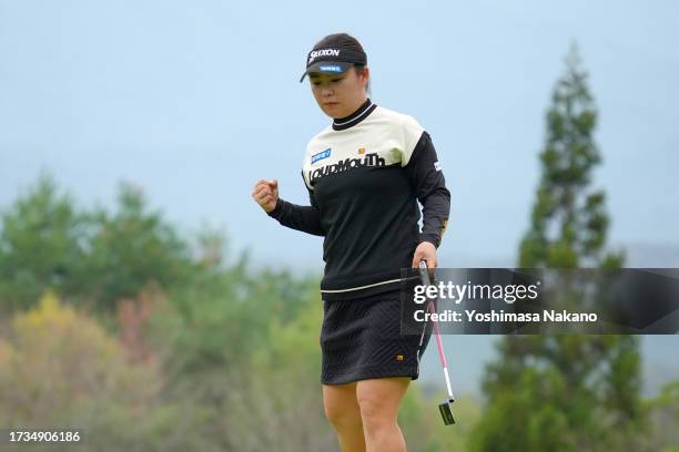 Hiroko Azuma of Japan celebrates the birdie on the 18th green during the second round of Udon-Ken Ladies Golf Tournament at Mannou Hills Country Club...