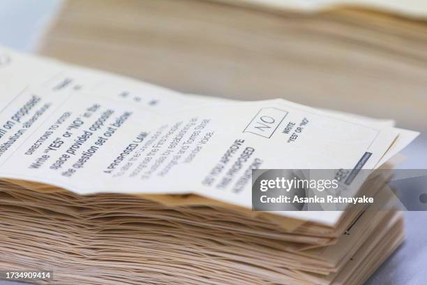 No voting card is seen at a vote counting centre on October 14, 2023 in Melbourne, Australia. A referendum for Australians to decide on an indigenous...