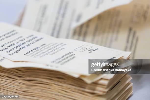 No voting card is seen at a vote counting centre on October 14, 2023 in Melbourne, Australia. A referendum for Australians to decide on an indigenous...
