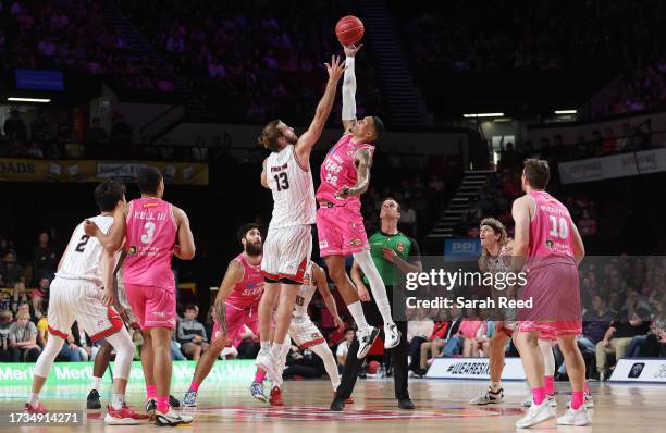 Sam Froling of the Hawks and Jacob Wiley of the 36ers during the round 3 NBL match between Adelaide 36ers and Illawarra Hawks at Adelaide...