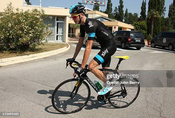 Christopher Froome of Great Britain and Team Sky Procycling rides with his teammates during the second rest day of the 2013 Tour de France on July...