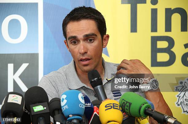 Alberto Contador of Spain and Team Saxo-Tinkoff answers questions from journalists during the second rest day of the 2013 Tour de France on July 15,...