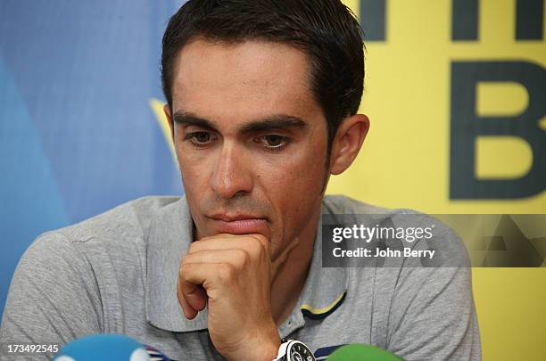 Alberto Contador of Spain and Team Saxo-Tinkoff answers questions from journalists during the second rest day of the 2013 Tour de France on July 15,...