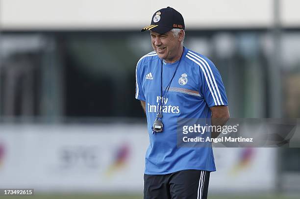 Head coach Carlo Ancelotti of Real Madrid looks on during his first training session at Valdebebas training ground on July 15, 2013 in Madrid, Spain.