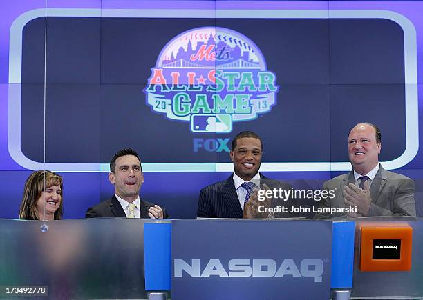 Lisa Grutta from Chevrolet Major League VP Dan Derian, MLB All-Star Yankees Robinson Cano and David Wicks ring the opening bell at NASDAQ MarketSite...