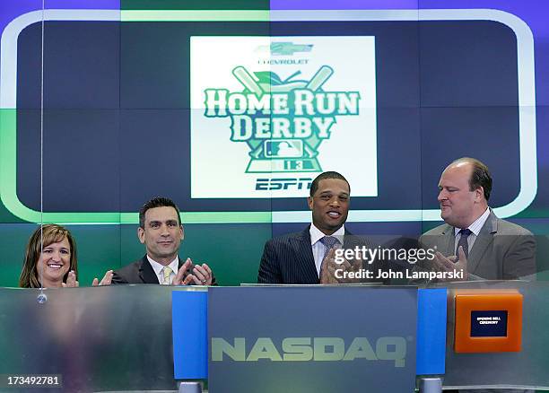 Lisa Grutta from Chevrolet Major League VP Dan Derian, MLB All-Star Yankees Robinson Cano and David Wicks ring the opening bell at NASDAQ MarketSite...