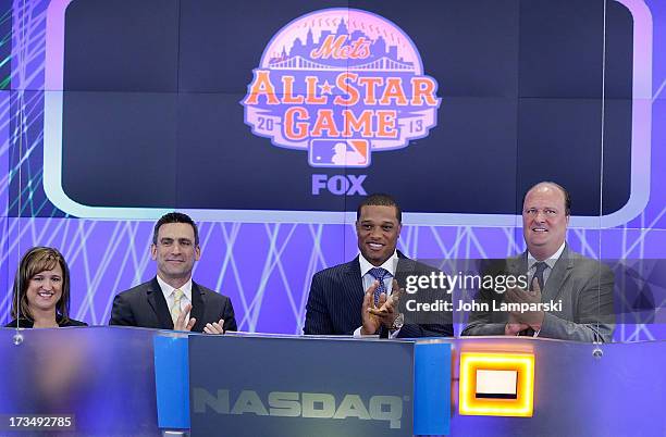 Lisa Grutta from Chevrolet Major League VP Dan Derian, MLB All-Star Yankees Robinson Cano and David Wicks ring the opening bell at NASDAQ MarketSite...