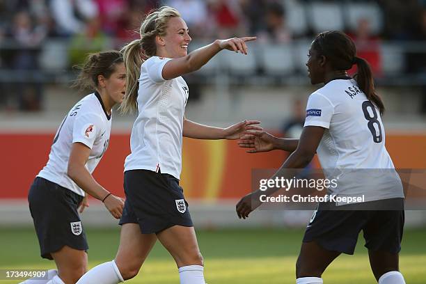 Toni Duggan of England celebrates the first goal with Anita Asante during the UEFA Women's EURO 2013 Group C match between England and Russia at...