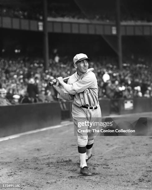 Walter E. French of the Philadelphia Athletics swinging a bat in 1927..