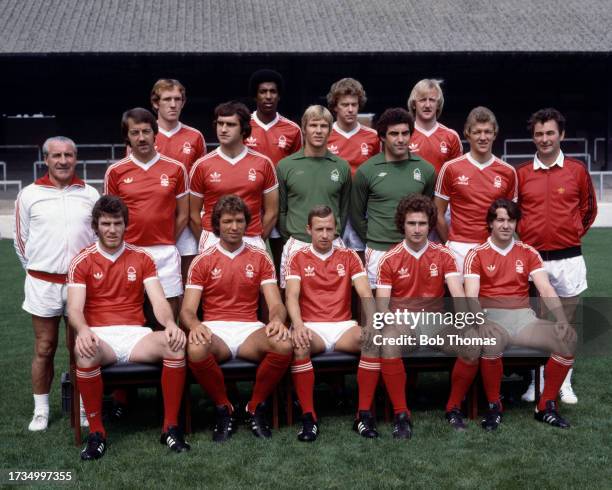 Nottingham Forest line up for a team photograph at the City Ground in Nottingham, England, circa August 1978. Back row : Ian Bowyer, Viv Anderson,...