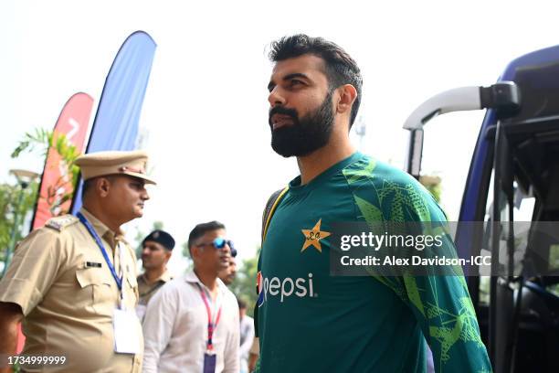 Shadab Khan of Pakistan arrives at the stadium prior to the ICC Men's Cricket World Cup India 2023 between India and Pakistan at Narendra Modi...