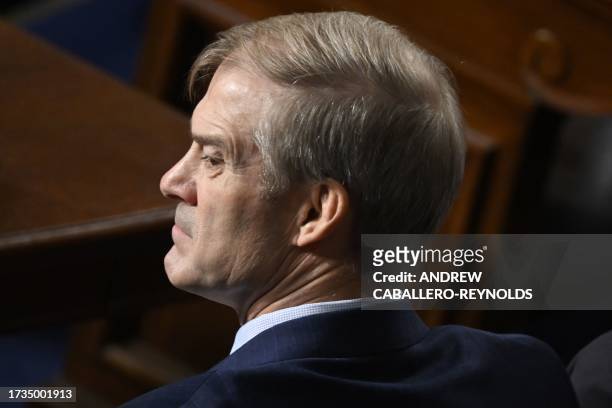 Republican Representative from Ohio and candidate for the position of House Speaker Jim Jordan looks on during a third round of voting to elect a new...