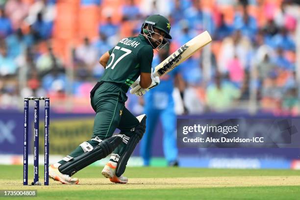 Abdullah Shafique of Pakistan bats during the ICC Men's Cricket World Cup India 2023 between India and Pakistan at Narendra Modi Stadium on October...