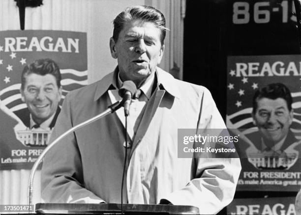 Former Governor of California Ronald Reagan making a speech during the Republican presidential primary in New York, March 1980. Reagan won the New...