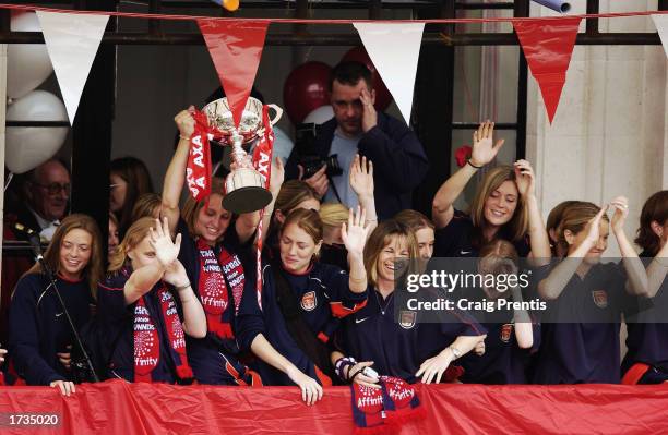 Arsenal Ladies lift the Ladies AXA FA Cup during Arsenal's parade of the AXA FA Cup and the FA Barclaycard Premiership trophy to their fans held on...
