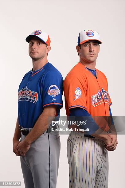 Starting pitchers American League All-Star Max Scherzer of the Detroit Tigers and National League All-Star Matt Harvey of the New York Mets pose for...