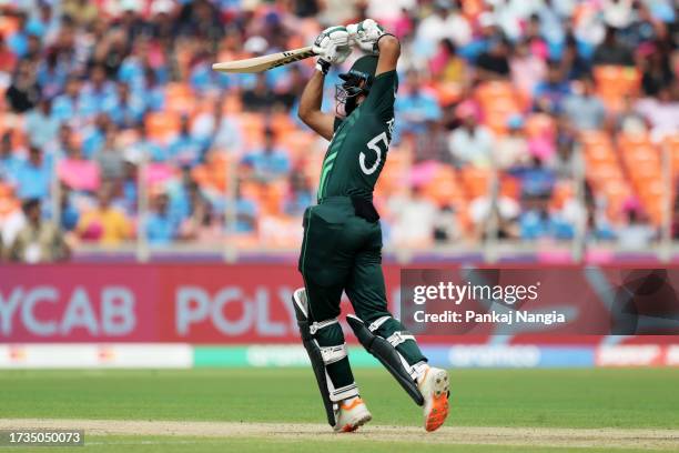 Abdullah Shafique of Pakistan bats a four during the ICC Men's Cricket World Cup India 2023 between India and Pakistan at Narendra Modi Stadium on...