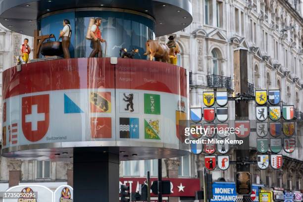 Swiss glockenspiel clock in Leicester Square on 16th October 2023 in London, United Kingdom. Leicester Square is a pedestrianised square in the West...