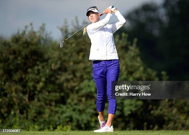 Jessica Korda watches her tee shot on the third hole during round one of the Manulife Financial LPGA Classic at the Grey Silo Golf Course on July 11,...